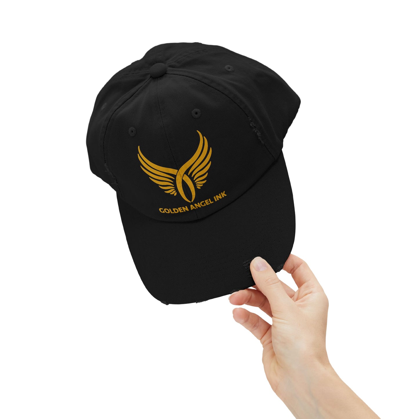Golden Angel Ink. Unisex Distressed Cap with Wings Design