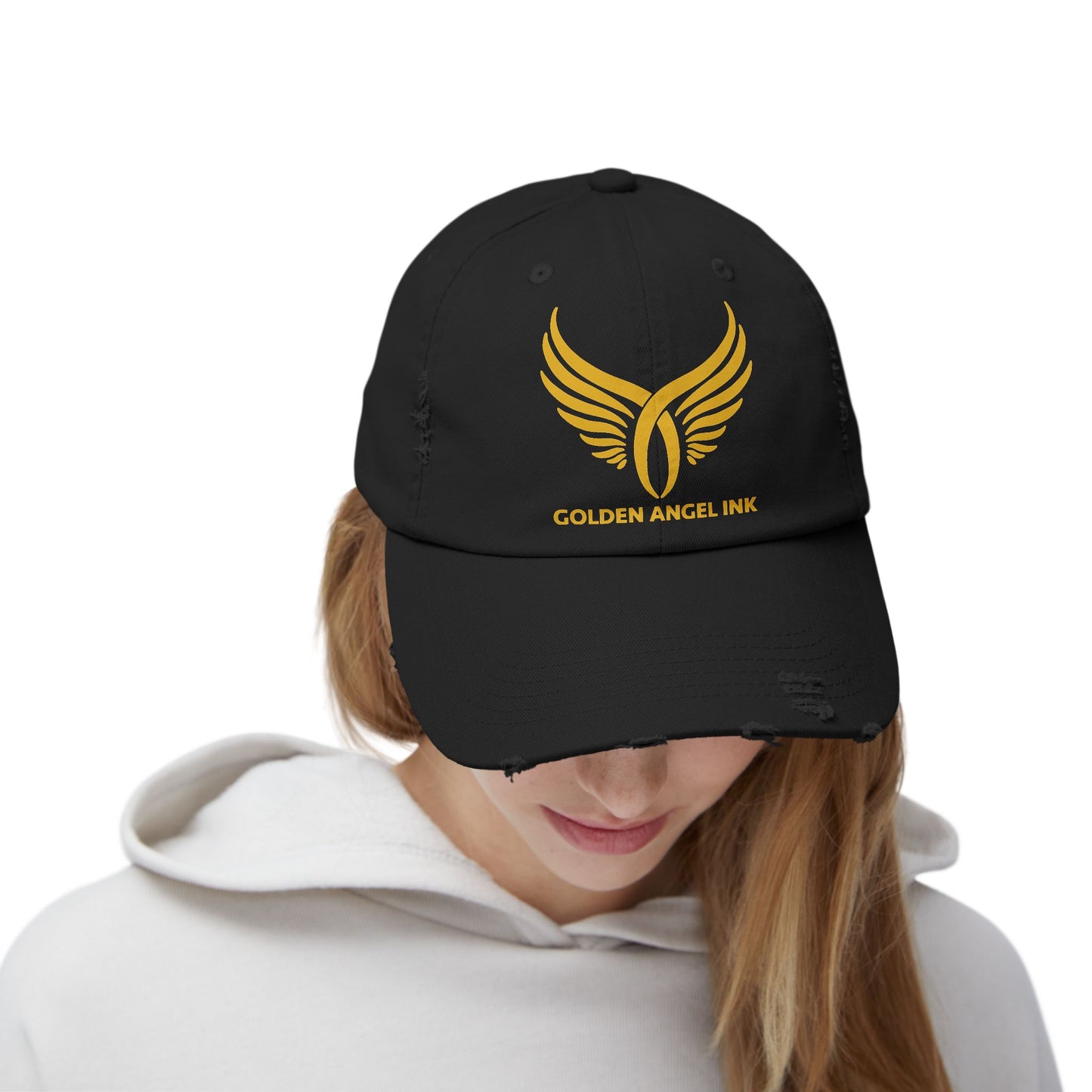 Golden Angel Ink. Unisex Distressed Cap with Wings Design