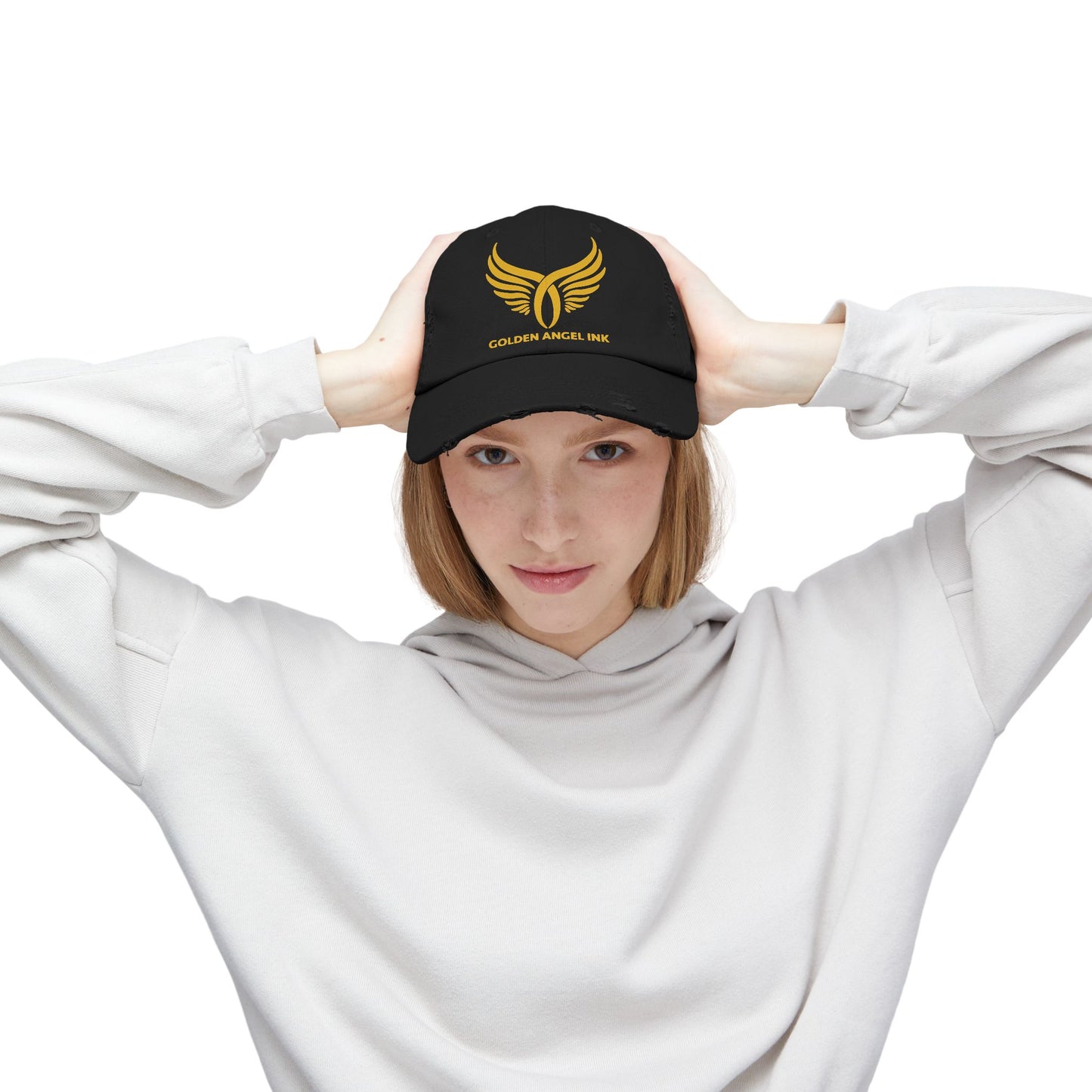 Golden Angel Ink. Unisex Distressed Cap with Wings Design