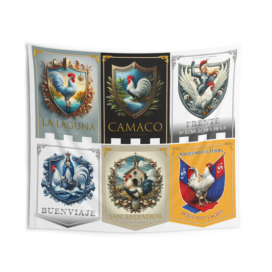 Rooster Crest Wall Tapestry — Vintage Latin Coat-of-Arms Designs (La Laguna, Camaco, San Salvador)